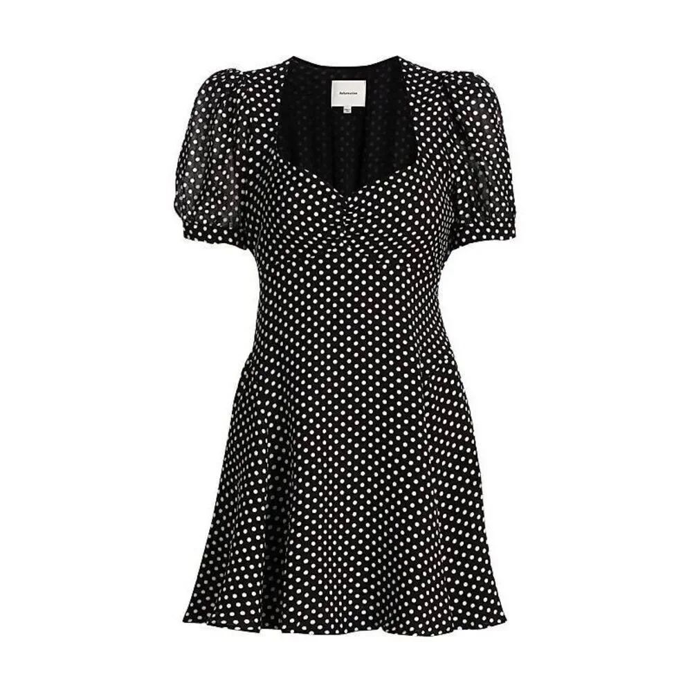 Reformation Women's Puff Sleeve Polka Dot Rebecca Mini Dress Black White Sz 8